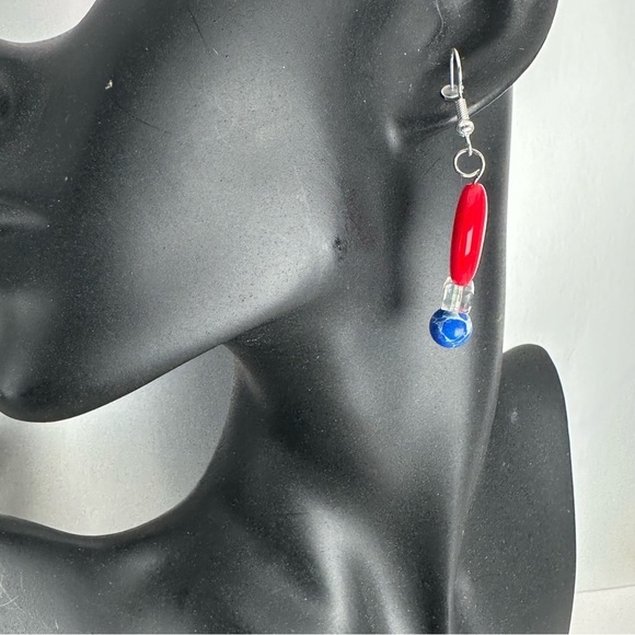 Square AB Glass Bead Earrings and blue and red glass Handmade patriotic 3476 - Picture 8 of 10